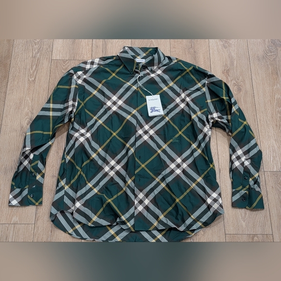 $1090 Mens BURBERRY Oversized Check Pattern Twill Button Up Shirt Green 2XL